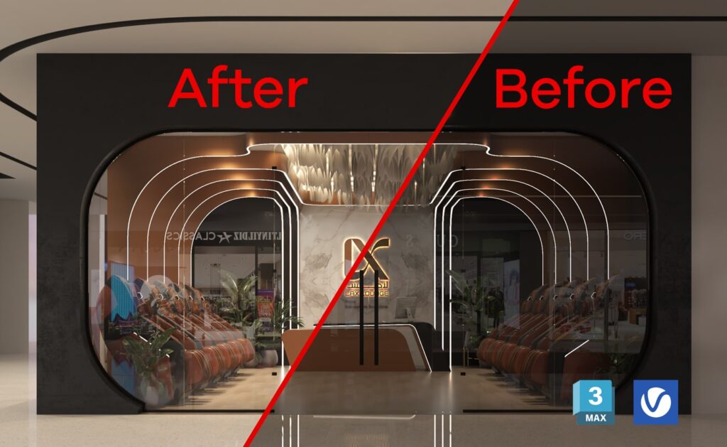 Two V-Ray renders of the same interior, before and after saving. The saved one is darker because of wrong color settings