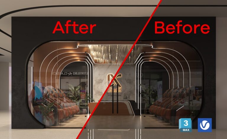 Two V-Ray renders of the same interior, before and after saving. The saved one is darker because of wrong color settings