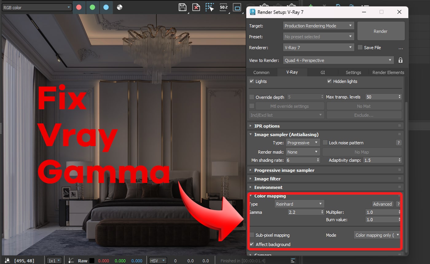 this image shows vray frame buffer with a dak nterior render, and a window of vray setting to fix this problem.
