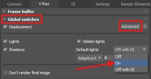 this image is a screen shot of the vray render settings, showing where to turn on the default lights option under the global switches parameters.