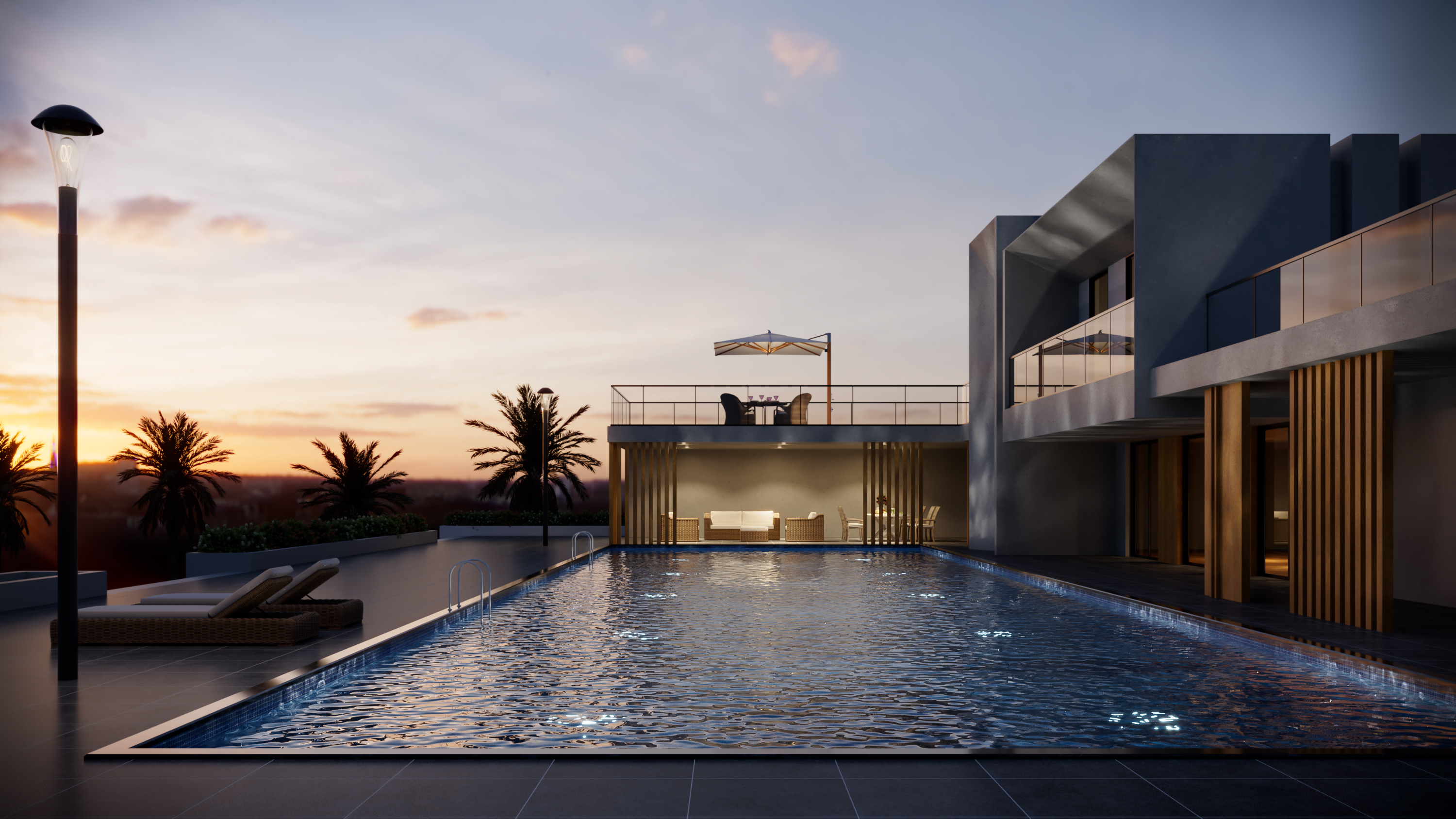 Modern villa pool render at blue hour