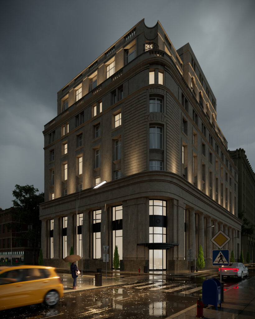 Urban townhouse rainy night render
