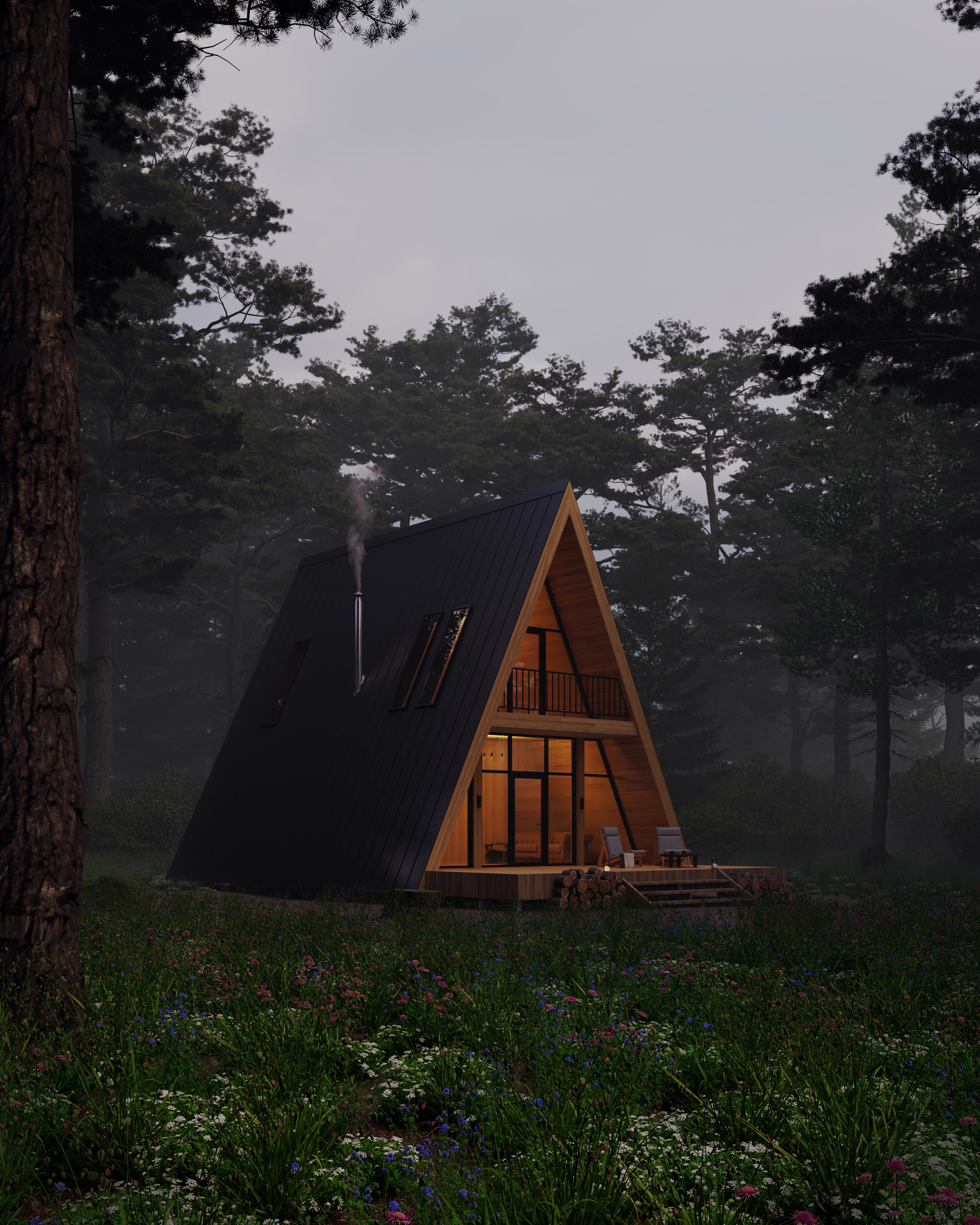 A-frame cabin in the forest on a misty morning