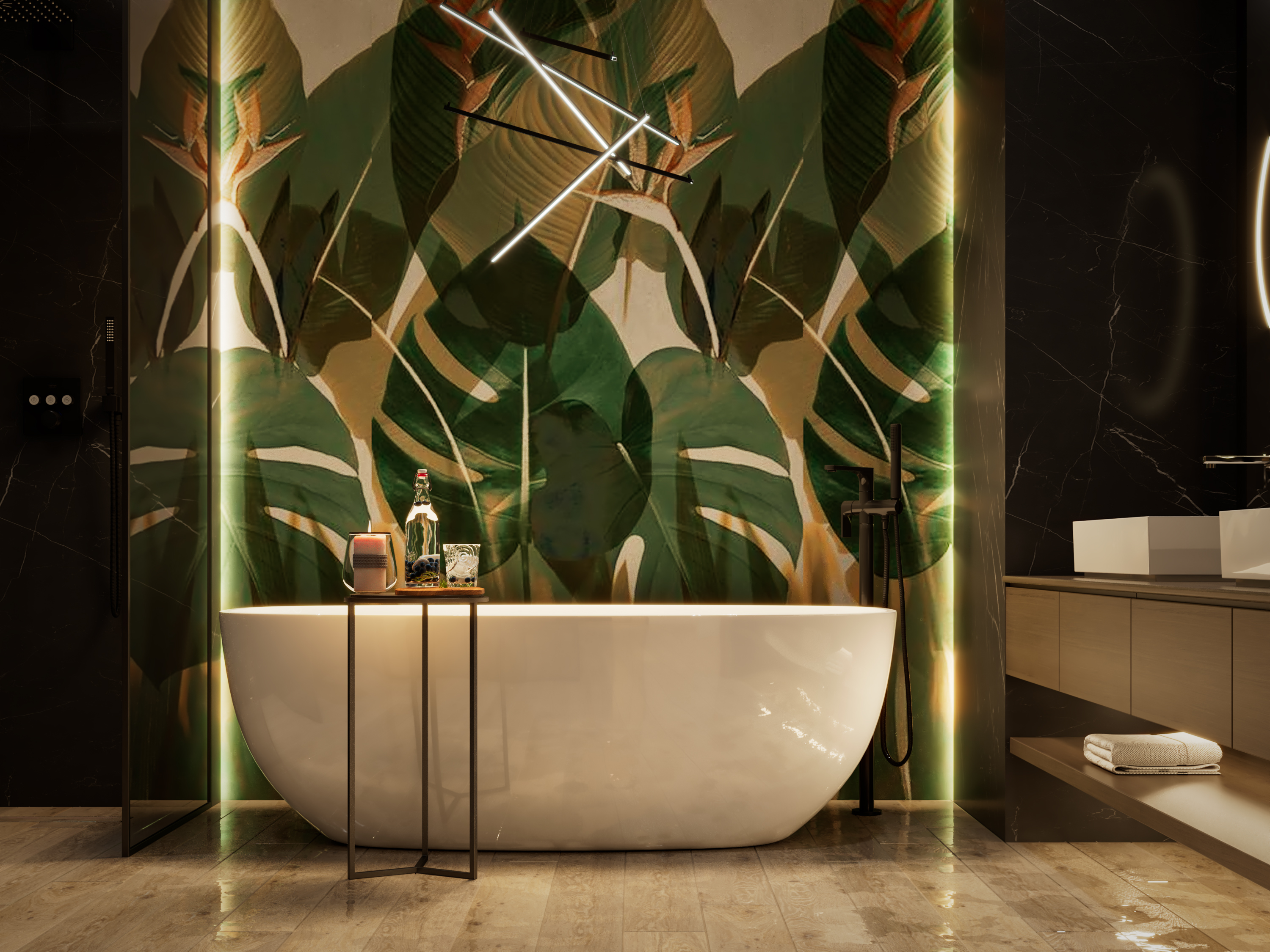 Bathroom render with late night artificial lighting